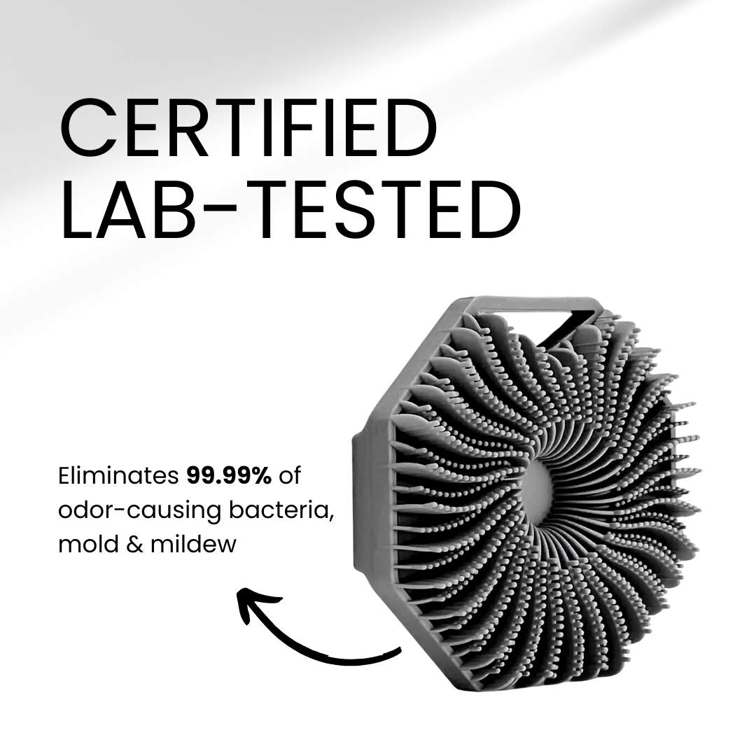 Certified lab-tested Stud Scrub – antimicrobial silver-infused silicone body scrubber that eliminates 99.99% of odor-causing bacteria, mold, and mildew. Hygienic, bacteria-resistant shower tool for deep cleaning and fresh skin.