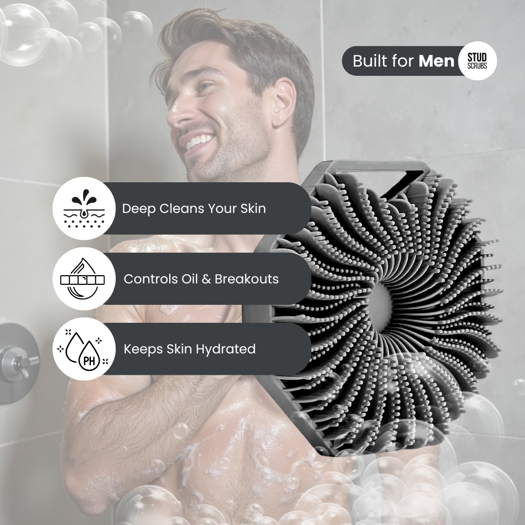 Man showering with Stud Scrub silicone body scrubber, highlighting benefits like deep cleansing, oil control, and skin hydration. Antimicrobial, bacteria-resistant shower tool built for men’s skincare.