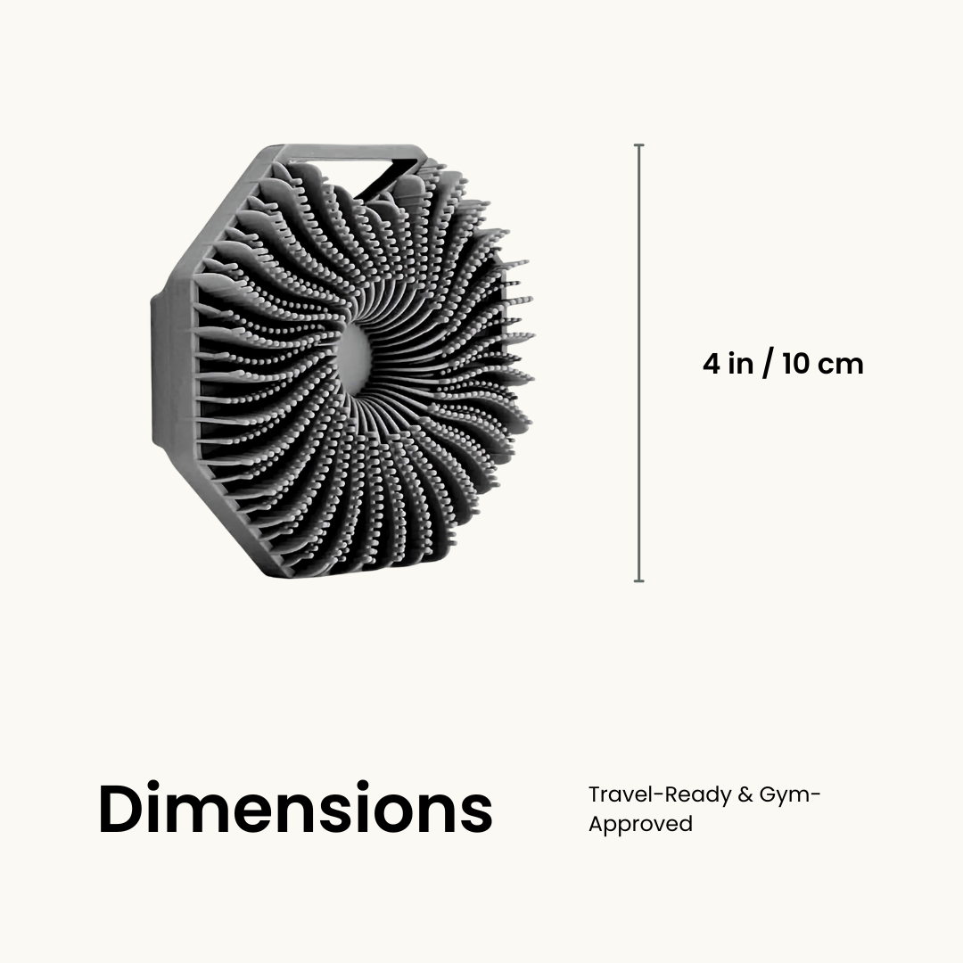 Stud Scrub silicone body scrubber with dimensions of 4 inches (10 cm), showcasing its compact, travel-friendly, and gym-approved design for men’s grooming and hygiene.